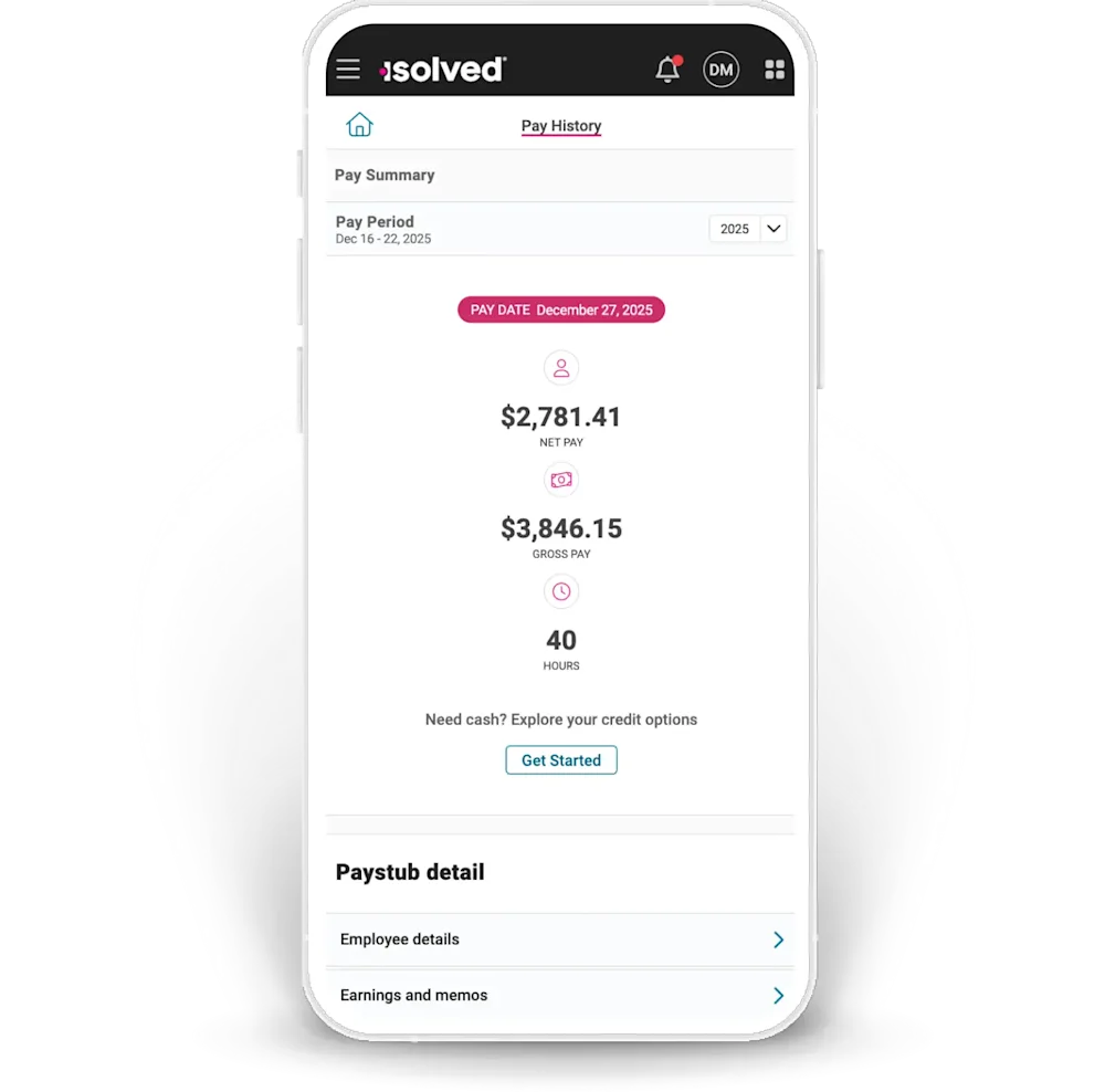 Official isolved employee mobile app showing pay history, net pay, gross pay and paystub details